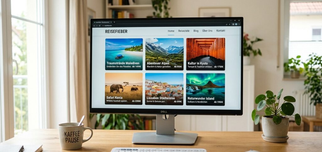 Blogartikel-Design optimieren: Monitor steht auf einem Schreibtisch. Auf dem Bildschirm ist eine Website geöffnet.