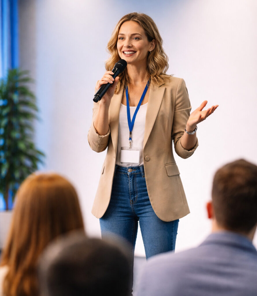 Blog bekannt machen: Frau steht auf einer Bühne und spricht in ein Mikrofon