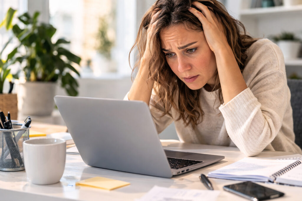 Frau sitzt verzweifelt vor ihrem Laptop - Druck beim Bloggen